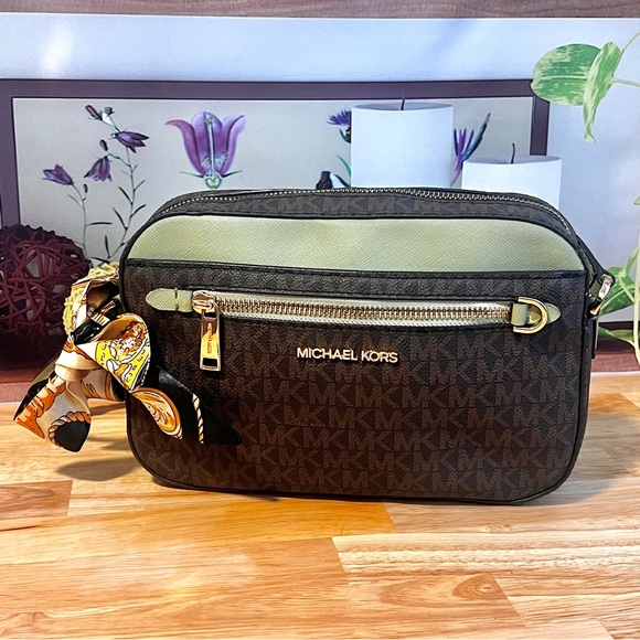 Michael Kors Handbags - Michael Kors Jet Set Brown & Sage Green Signature Crossbody Bag